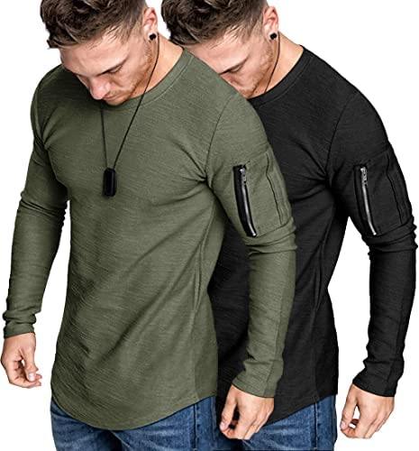 Men's 2 Pack Muscle Fitted Long Sleeve T Shirts Workout Athletic Tee Tops