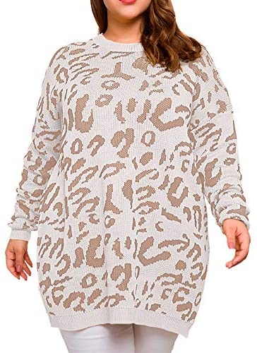 Women Plus Size Pullover Sweaters Long Sleeve Leopard Print Knitted Crew Neck Warm Sweater Tops