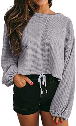 GAMISOTE Women's Waffle Knit Long Sleeve Tops Oversized Plain Crop Pullover Sweaters