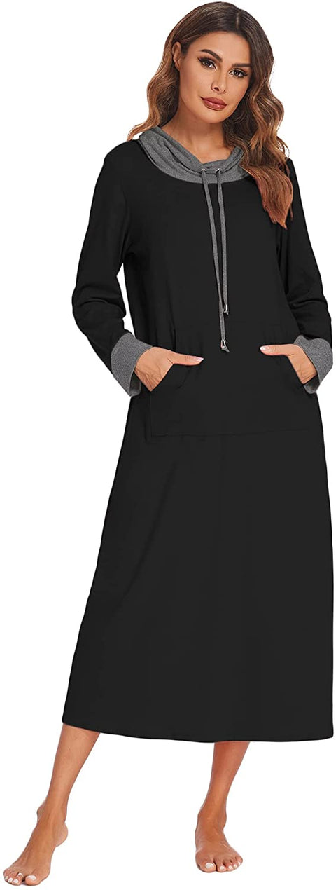 Ekouaer Nightgown Women High Neck Sleepwear Long Sleeve Nightshirt Full Length Nightdress with Pocket S-3XL