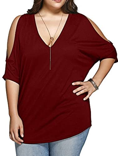 Women Plus Size Tops V Neck Short Sleeve Batwing Top Cold Shoulder T Shirt
