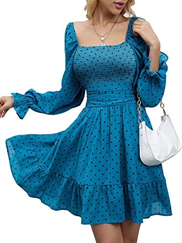 Women Elastic Smocked Bust Tie Back Long Puff Sleeve Square Neck Ruffle Dress A-line Casual Mini Dress