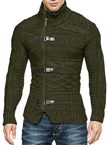 Karlywindow Mens Cable Knitted Cardigan Sweater Turtleneck Long Sleeve Slim Fit Winter Zipper Front Casual Pullover Sweaters