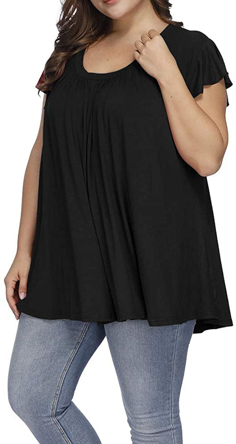 Women's Plus Size Top Short Sleeve Casual Ruffle Loose Pleated Flowy Summer T Shirts