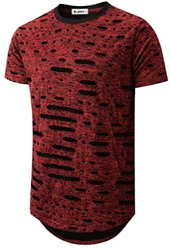 KLIEGOU Mens Hipster Hip Hop Ripped Round Hemline Hole T Shirt (05-3)