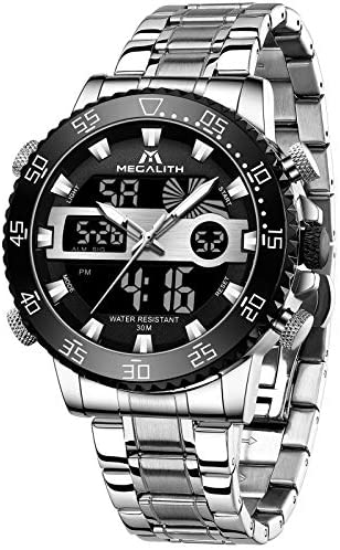 MEGALITH Men Watch Waterproof Stainless Steel Led Analog Digital Watches for Men Male Day Date Stopwatch Heavy Metal Alarm Sport Watch Gent Outdoor Military Luminous Big Wrist Watches with Backlight