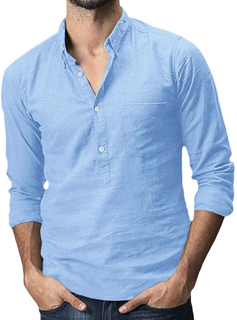 Men's Long Sleeve Henley Shirt Cotton Linen Casual Hippie Tee Lightweight Summer Solid Beach Yoga Tops Blue