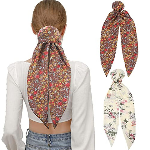 Women Silk Hair Bun Covers - 2Pcs Printed Silk Hair Scarves Elastic Hair Bun Cover Ballet Hair Snood for Women Girls Bun Cover with Riband