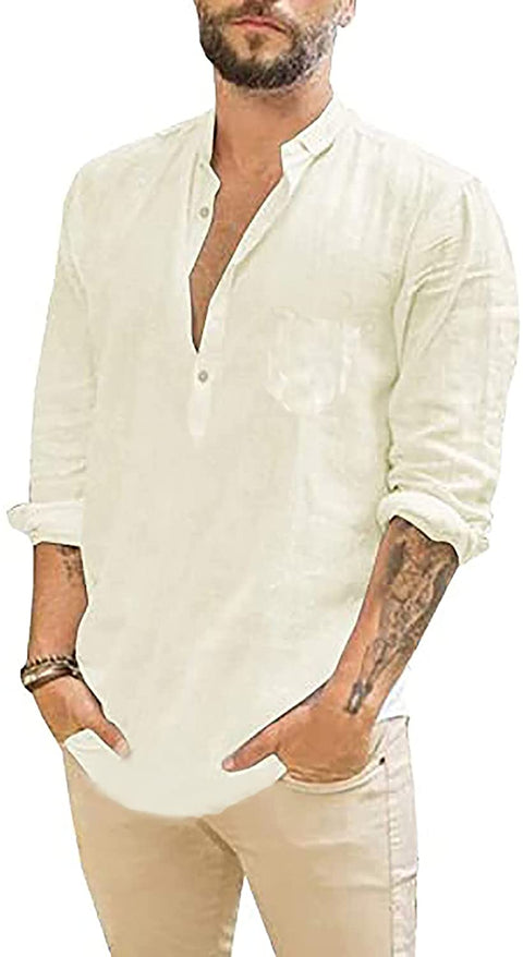 Men's Long Sleeve Henley Shirt Cotton Linen Loose Casual Hippie Tee Lightweight Summer Solid Beach Yoga Tops Beige