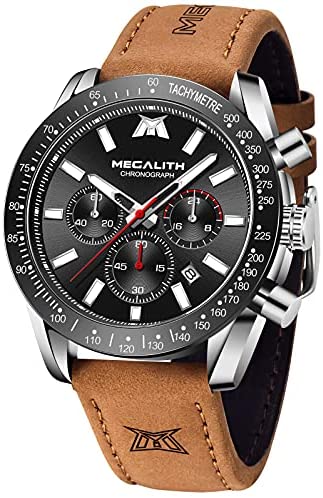 MEGALITH Mens Watch Waterproof Quartz Chronograph Watches for Men Men's Analog Stylish Sport Casual Classic Wrist Watch with Brown Leather Band Unique Gifts for Men