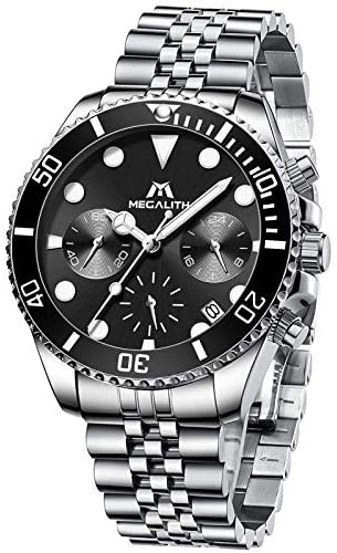 MEGALITH Men's Watch 41mm Stainless Steel Chronograph Waterproof Business Watch Analog Quartz Date Watches for Men Metal Luminous Multifunctional Casual Designer Gents Wrist Watches