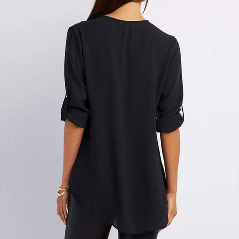 Women V Neck Plus Size Chiffon Blouse Shirts with Half-Zip Up in The Front Black