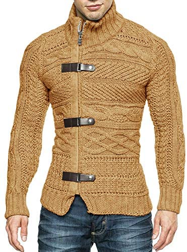 Karlywindow Mens Cable Knitted Cardigan Sweater Turtleneck Long Sleeve Slim Fit Winter Zipper Front Casual Pullover Sweaters