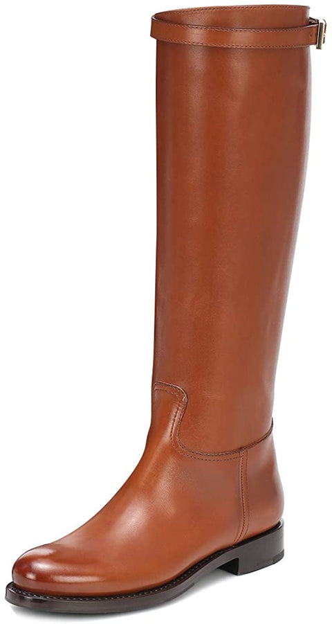 FSJ Women Regular Round Toe Flats Riding Knee High Boots Wide Calf Buckled Strappy Chunky Low Heel Western Long Boots Pull On Dress Shoes Size 4-15 US