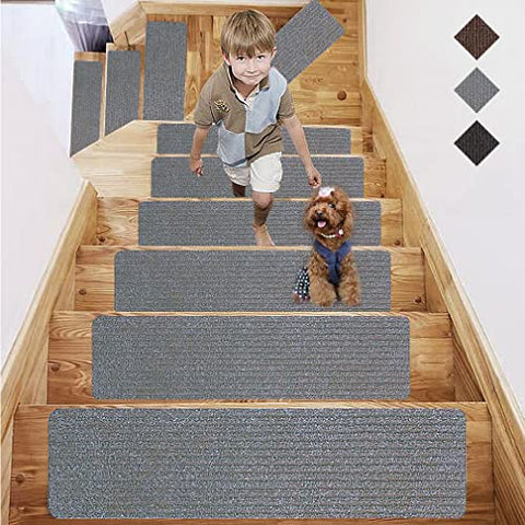 Fungzou Stair Treads Non-Slip Carpet Rugs Set 15PCS, Safety for Kids Elders and Dogs with Reusable Machine Washable Anti Slip Base Rug (Black Grey)