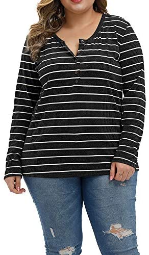 Women Plus Size Tops Long Sleeve Knitwear Stripe Clothing Casual Polo Shirts Button Up Blouse