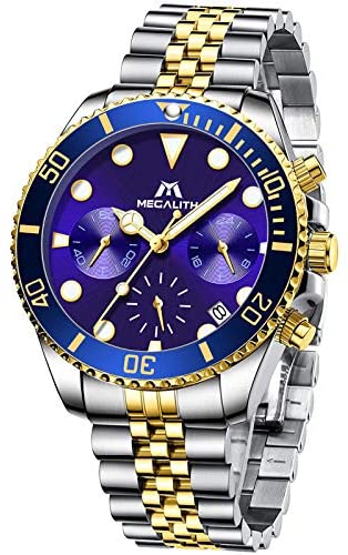 MEGALITH Men's Watch 41mm Stainless Steel Chronograph Waterproof Business Watch Analog Quartz Date Watches for Men Metal Luminous Multifunctional Casual Designer Gents Wrist Watches