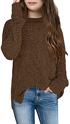 GAMISOTE Girl's Fuzzy Warm Sweater Crew Neck Chunky Side Slit Jumper Pullover Outwear
