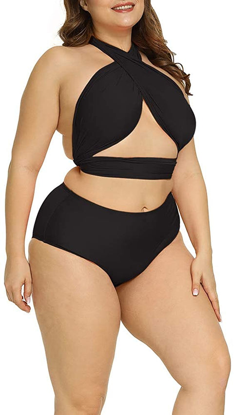 Women Plus Size Swimsuit Self Tie Bikini Sets Two Piece Backless Swimwear