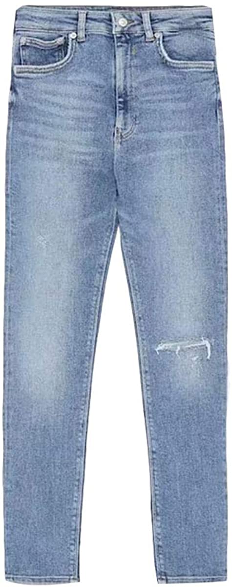 Women's Fashion Knee Cut Denim Pants Casual Ripped Holes Straight Leg Long Jeans