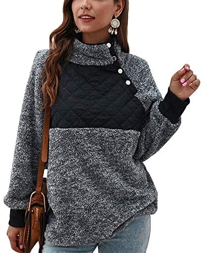 Women's Color Block Turtleneck Long Sleeve Sweatshirts Fuzzy Sweatshirts