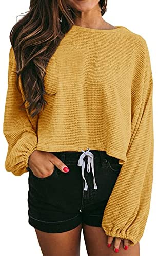 GAMISOTE Women's Waffle Knit Long Sleeve Tops Oversized Plain Crop Pullover Sweaters