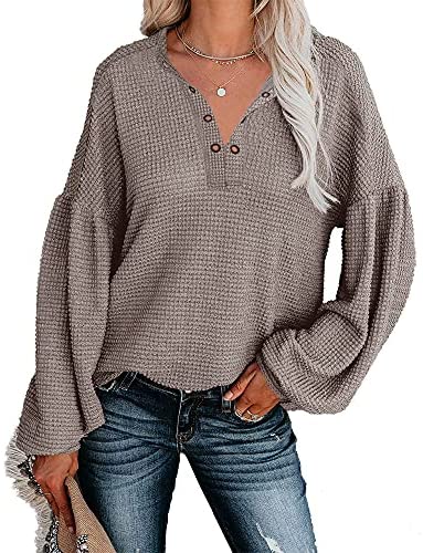 Women Casual V Neck Waffle Knit Shirts Tunic Tops Solid Color Loose Sweatshirts Pullover