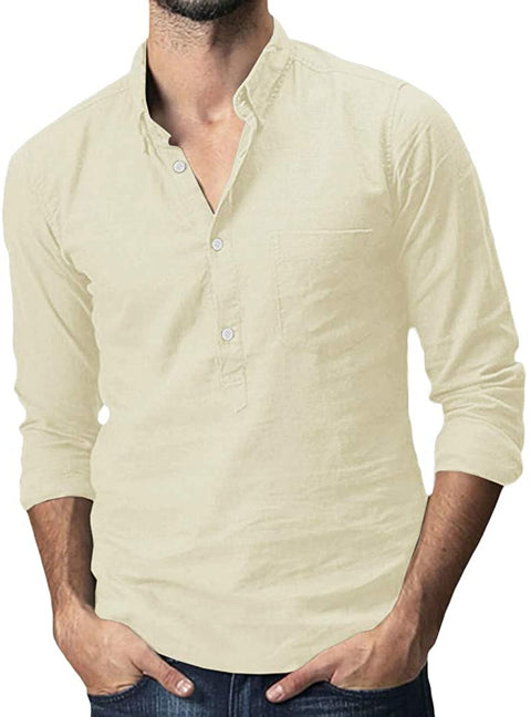 Men's Long Sleeve Henley Shirt Cotton Linen Loose Casual Hippie Tee Lightweight Summer Solid Beach Yoga Tops Beige