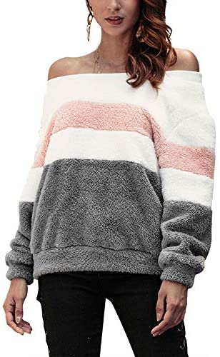 Women's Loose Fit Sweatshirt Striped Long Sleeve Color Block Fuzzy Sweaters