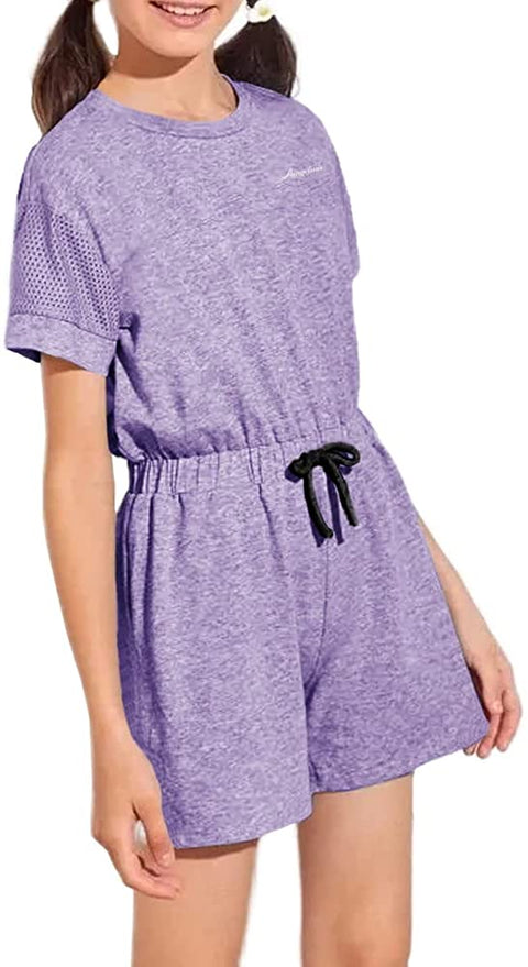 Girls Kids Crewneck Shorts Rompers Short Sleeve Drawstring Back Zipper Cotton Cute One Piece Outfits Jumpsuit