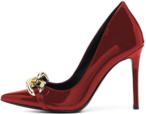 FSJ Women Fashion Pointed Toe Stilleto Heels Dress Pumps Metal Chain Slip On Wide Width High Heel Pumps Evening Party Shoes Size 4-15 US