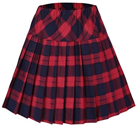 Women's Elastic Waist Plaid Pleated Skirt Tartan Skater School Uniform Mini Skirts