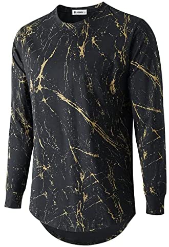 KLIEGOU Mens Hipster Hip Hop Ripped Round Hemline Pattern Print T Shirt