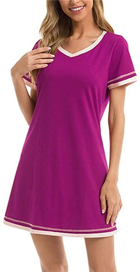 Aoysky Women's Long Nightgown Short Sleeve Nightwear V Neck Soft Sleep Dress Sleepwear
