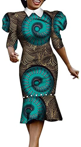 XIAOHUAGUA African Dashiki Print Dresses for Women Half Puff Sleeve Pearls Elegant Party Dress