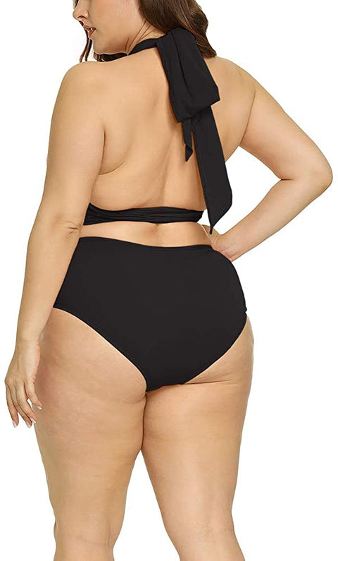 Women Plus Size Swimsuit Self Tie Bikini Sets Two Piece Backless Swimwear