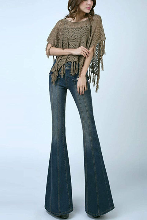 Women's Two Button Closure Mid Rise Stretchy Wide Bell Bottom Casual Long Denim Pant