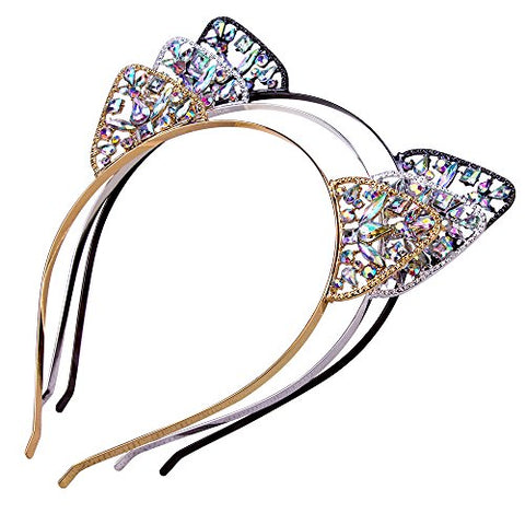 AWAYTR 3PC - Crystal Cat Ears Hair Hoop Headband for Women Girls Cats Ears Hairband Headwear Hair Accessories Christmas Gift (Floral)
