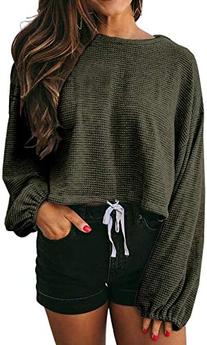 GAMISOTE Women's Waffle Knit Long Sleeve Tops Oversized Plain Crop Pullover Sweaters