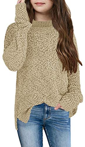 GAMISOTE Girl's Fuzzy Warm Sweater Crew Neck Chunky Side Slit Jumper Pullover Outwear