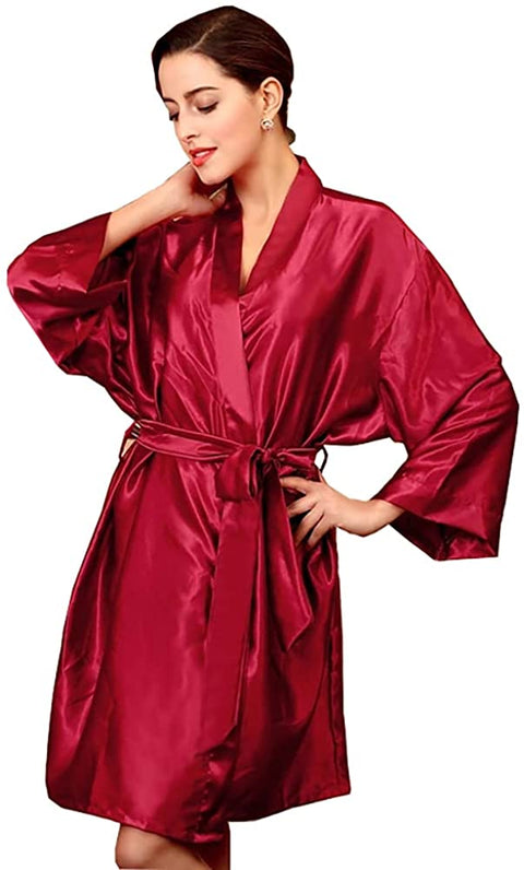 Women’s Satin Robe V-Neck Lace Trim Sexy Kimono Bathrobes Lingerie with Inside Ties-Bridesmaids Nightgown Sleepwear-One Size