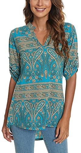 Women's 3/4 Roll Sleeve Tunic Shirts Floral Printed Hi-Low Hem V Neck Blouse Shirts