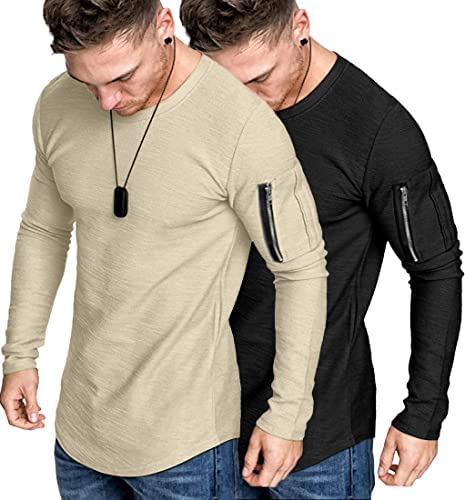 Men's 2 Pack Muscle Fitted Long Sleeve T Shirts Workout Athletic Tee Tops