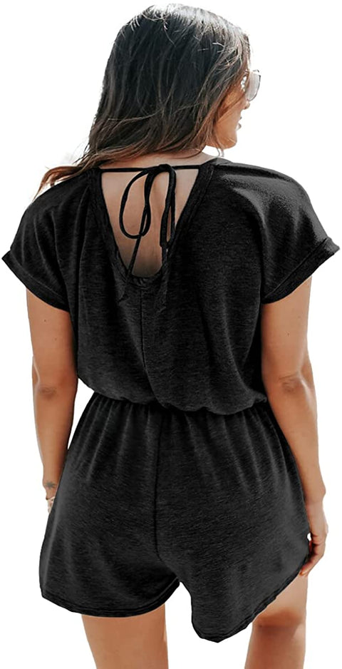 Dyexces Womens Crew Neck Rompers Summer Shorts Loose Tie Short Sleeve Stretch Waist Rompers with Pockets