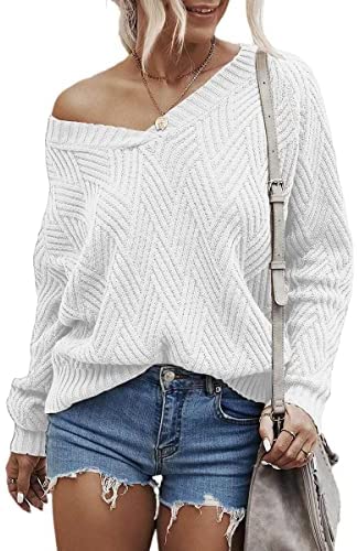 Womens Fashion Sweaters Sexy V Neck Long Sleeve Oversized Cable Knit Pullovers Casual Tunic Tops