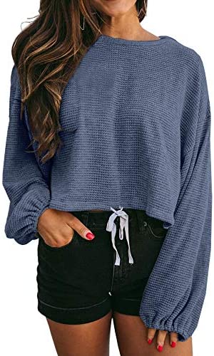 GAMISOTE Women's Waffle Knit Long Sleeve Tops Oversized Plain Crop Pullover Sweaters