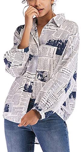 Women's Loose Fashion Letter Printed Newspaper Blouses Button Down Shirts