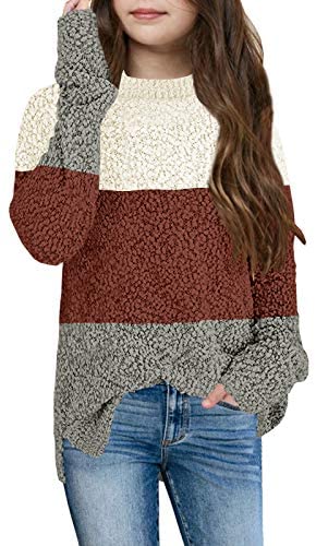 GAMISOTE Girl's Fuzzy Warm Sweater Crew Neck Chunky Side Slit Jumper Pullover Outwear