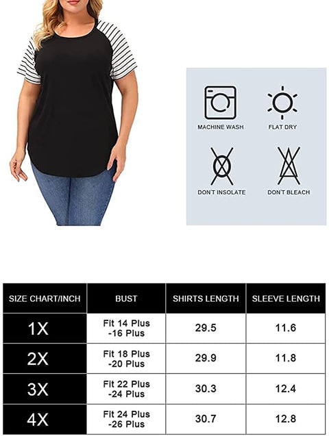 Plus Size Tops Women Stripe Short Sleeve Summer Casual Raglan T Shirts