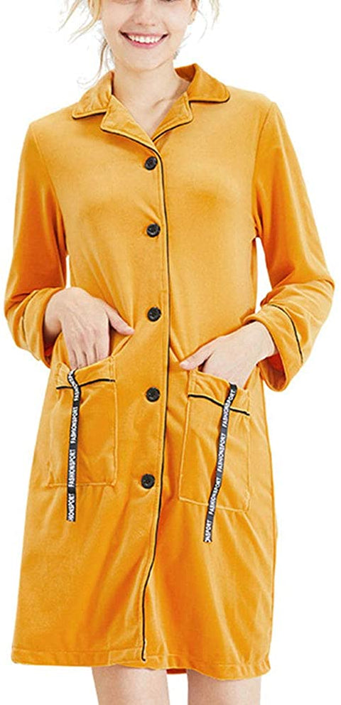 Women's Mid Length Button Down Nightdress Pocket Autumn Winter Nightgown